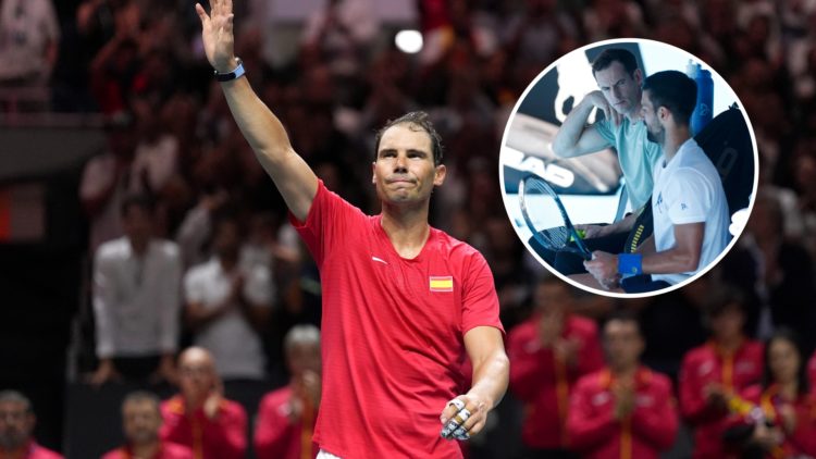Rafael Nadal waves to the crowd at the 2024 Davis Cup Finals, inset Andy Murray talks with Novak Djokovic in a 2025 Australian Open practice session