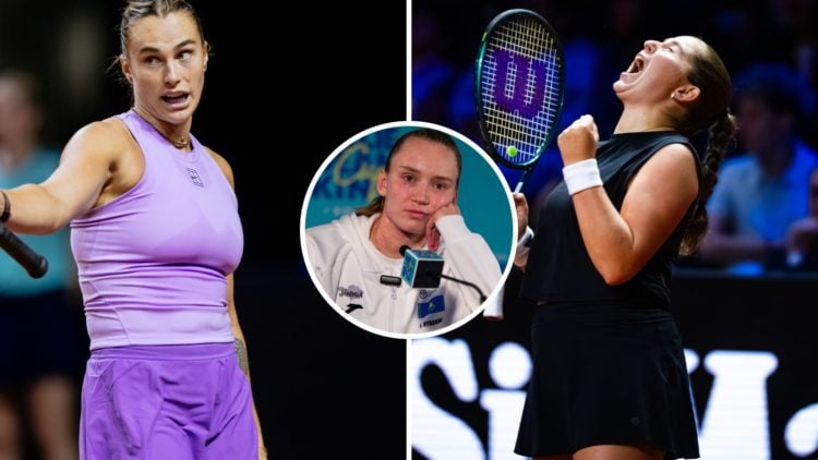 Split image of Aryna Sabalenka gesturing during her match against Jasmine Paolini at the 2025 Porsche Tennis Grand Prix, image of Jelena Ostapenko ...