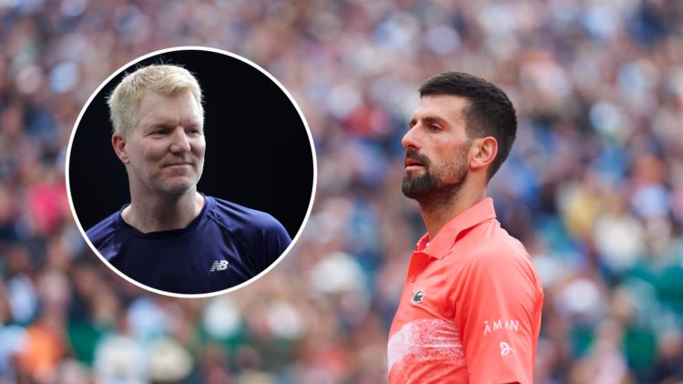 Novak Djokovic reacts during the 2025 Monte Carlo Masters, inset Jim Courier looks on during the 2021 Laver Cup