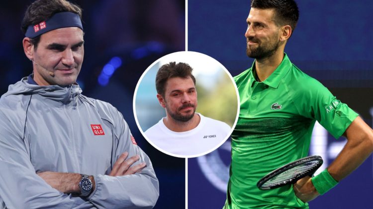 Split image of Roger Federer attends fans day on Day 12 of 2024 Shanghai Rolex Masters at Qi Zhong Tennis Centre and Novak Djokovic of Serbia gestu...