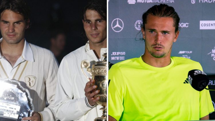 Split image of Rafael Nadal and Switzerland's Roger Federer pose with their trophies after their final tennis match of the 2008 Wimbledon champions...