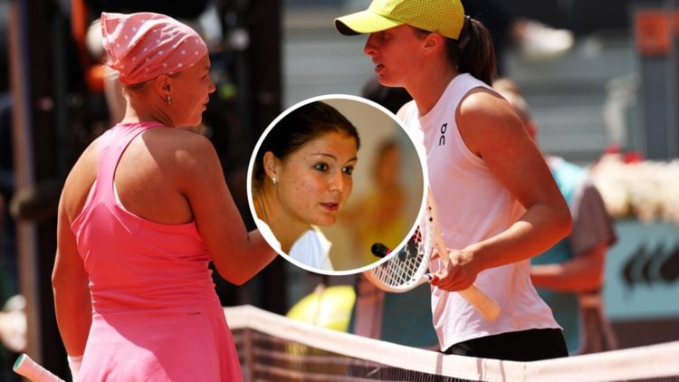 Image of Iga Swiatek and Diana Shnaider shaking hands after their fourth round match at the 2025 Madrid Open, inset of Dinara Safina talking to the...