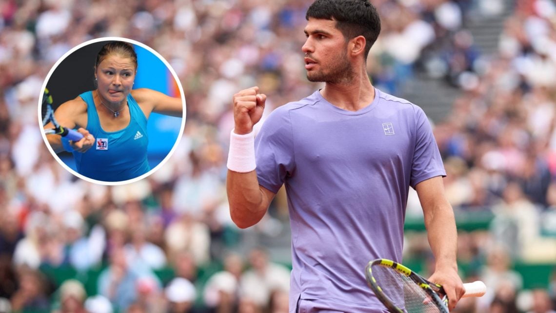Image of Carlos Alcaraz celebrating during his semi-final victory against Alejandro Davidovich Fokina at the 2025 Monte-Carlo Masters, inset of Din...
