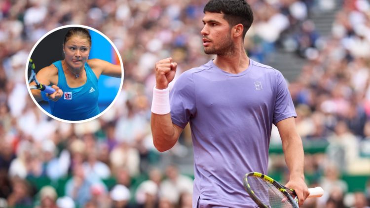 Image of Carlos Alcaraz celebrating during his semi-final victory against Alejandro Davidovich Fokina at the 2025 Monte-Carlo Masters, inset of Din...