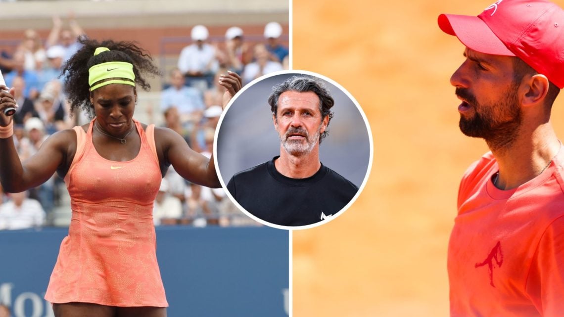Split image of Serena Williams of the US reacts to a point while playing Roberta Vinci of Italy during their US Open 2015 and Novak Djokovic of Ser...