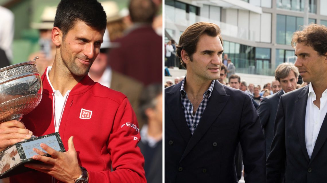 Split image of Novak Djokovic of Serbia holds the trophy following his victory during the Men's Singles final match against Andy Murray of Great Br...