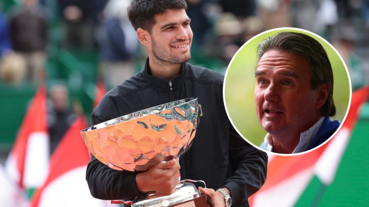 Carlos Alcaraz celebrates with the Monte Carlo Masters trophy, inset Jimmy Connors talking