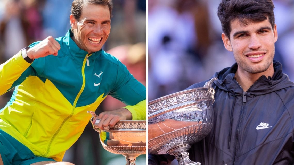 Left: Rafael Nadal and Right: Carlos Alcaraz - both with French Open titles