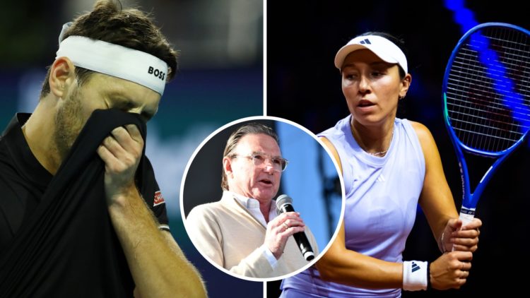 Taylor Fritz reacts at the Miami Open, Jessica Pegula plays at the Porsche Tennis Grand Prix, inset of Jimmy Connors talking