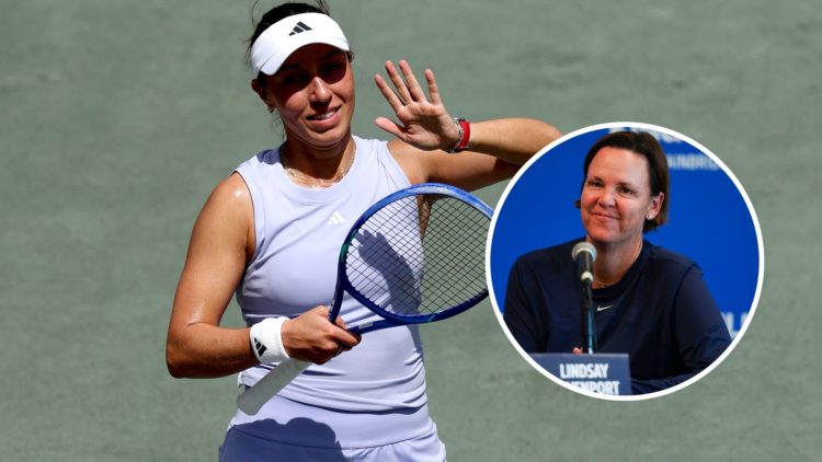 Jessica Pegula celebrates at the Charleston Open, inset Lindsay Davenport speaks to the press