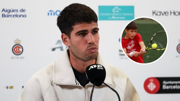 Image of Carlos Alcaraz answering a question during a press conference at the 2025 Barcelona Open, inset of Jaime Alcaraz training on clay courts i...