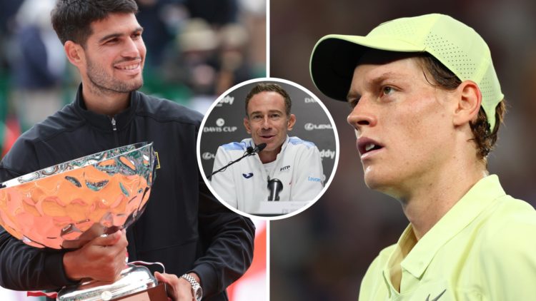 Split image - Carlos Alcaraz holds the Monte-Carlo Masters title (left) Jannik Sinner at the Australian Open (right) with an inset of Filippo Volan...