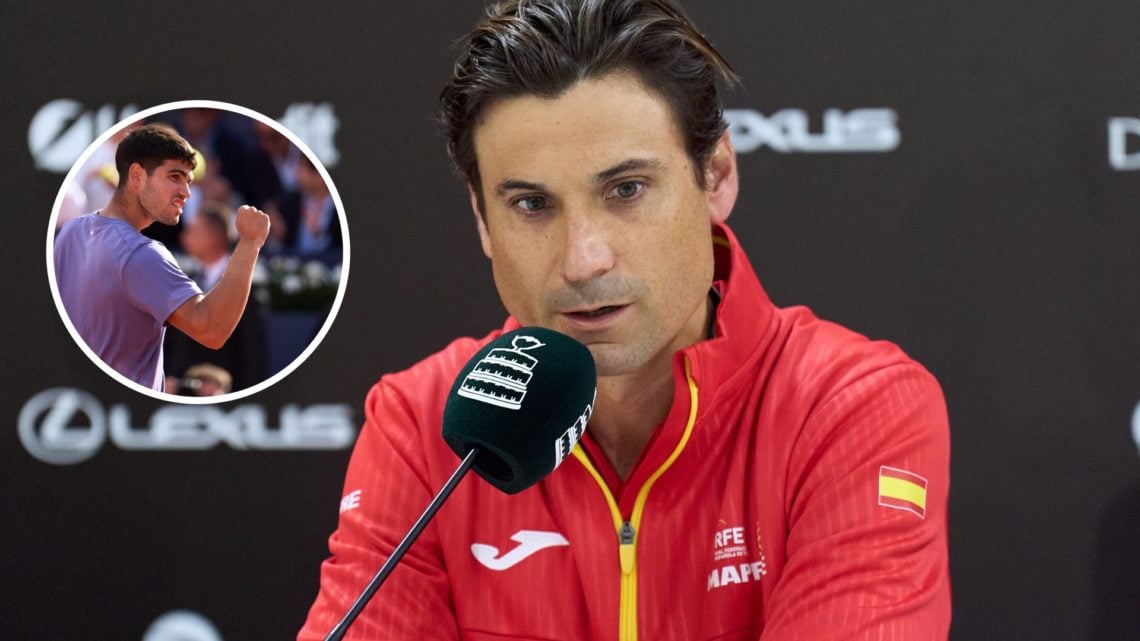 Image of David Ferrer intently answering a question at a press conference for the 2024 Davis Cup Finals, inset of Carlos Alcaraz celebrating at the...