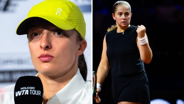 Split image of Iga Swiatek of Poland talks to the media after losing to Jelena Ostapenko of Latvia in the quarter-final on Day 5 of the Porsche Ten...