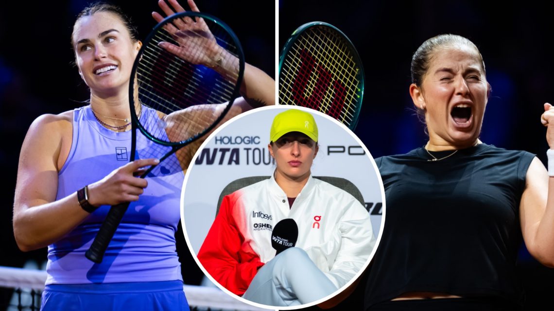 Split image of Aryna Sabalenka celebrates defeating Elise Mertens of Belgium in the quarter-final on Day 5 of the Porsche Tennis Grand Prix at Pors...