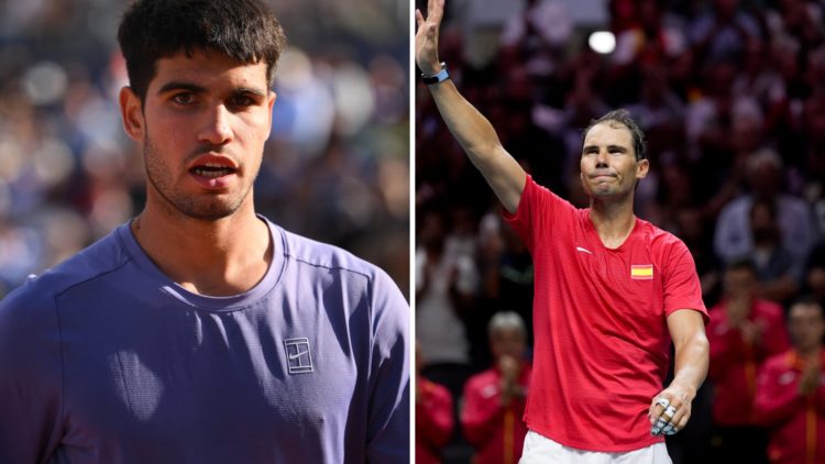 Split image of Carlos Alcaraz of Spain looks on during his match against Alex de Minaur of Australia of day five of the Barcelona Open Banc Sabadel...