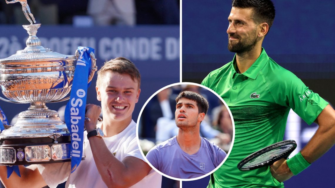 Split image of Holger Rune holds up the trophy after winning the ATP Barcelona Open "Conde de Godo" tennis tournament singles final match at the Re...
