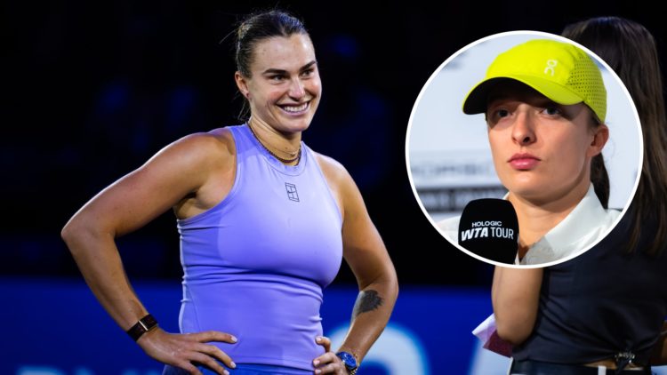 Aryna Sabalenka celebrates after winning a match at the Porsche Tennis Grand Prix, inset Iga Swiatek talks to the media