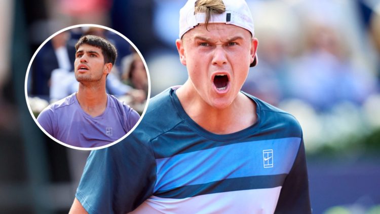 Holger Rune celebrates winning the Barcelona Open, inset Carlos Alcaraz reacts on court during the Barcelona Open