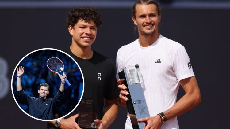 Alexander Zverev and Ben Shelton receive their trophies after the BMW Open final, inset Dominic Thiem waves after his final match at the Vienna Open