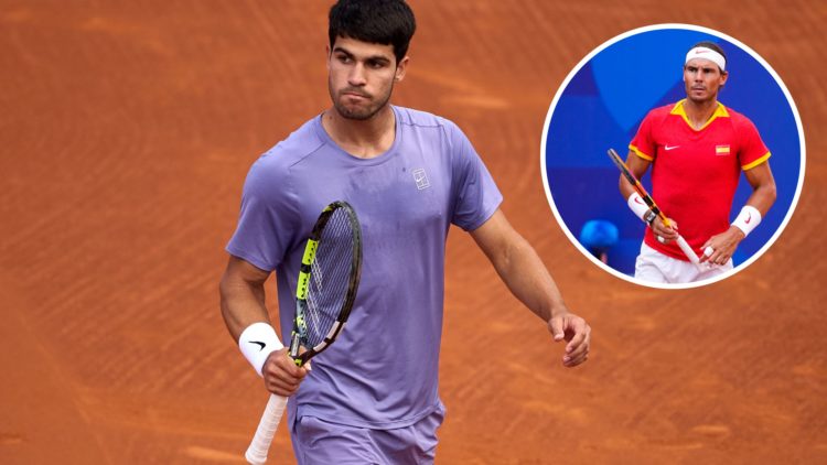 Carlos Alcaraz reacts during the Barcelona Open final, inset Rafael Nadal reacts during the 2024 Paris Olympics