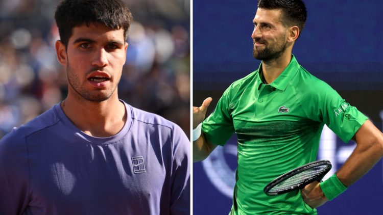 Split image of Carlos Alcaraz reacting at the Barcelona Open and Novak Djokovic reacting at the Miami Open