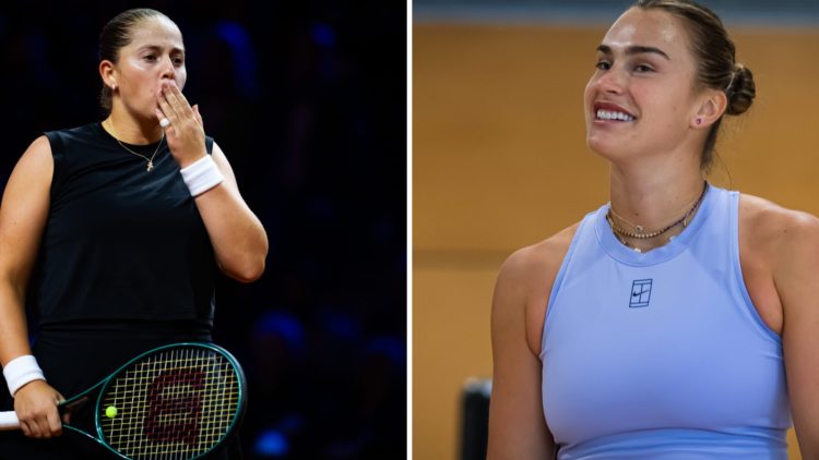 Jelena Ostapenko reacts during the Porsche Tennis Grand Prix final, Aryna Sabalenka warms up for the Porsche Tennis Grand Prix final