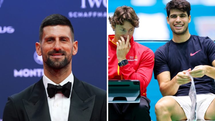 Split image of Novak Djokovic poses at the Laureus World Sports Awards Madrid 2025 at Galería de Cristal and Juan Carlos Ferrero, coach of Team Spa...