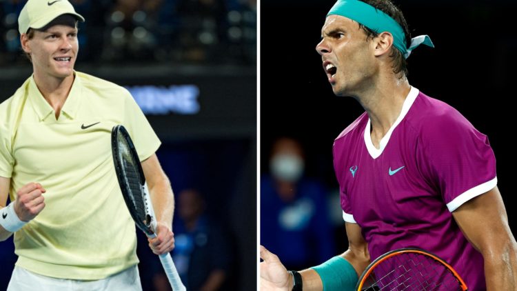 Jannik Sinner celebrates at the 2025 Australian Open, Rafael Nadal reacts during the 2022 Australian Open