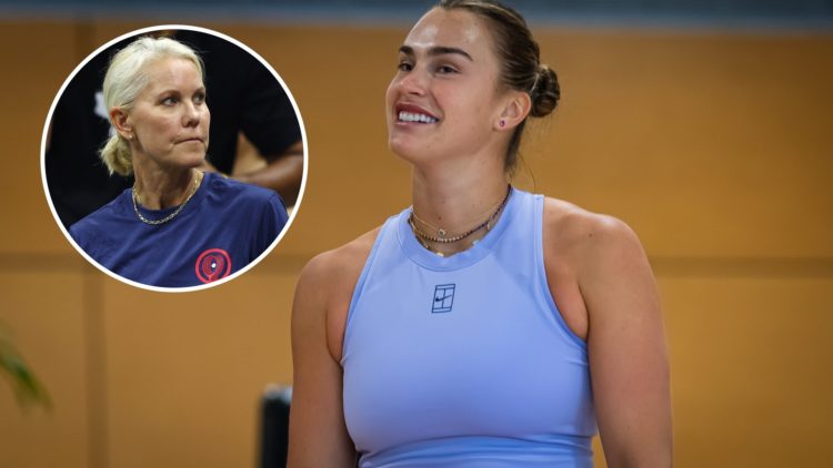 Aryna Sabalenka warms up for the Porsche Tennis Grand Prix final, inset Rennae Stubbs looks on during the 2022 US Open