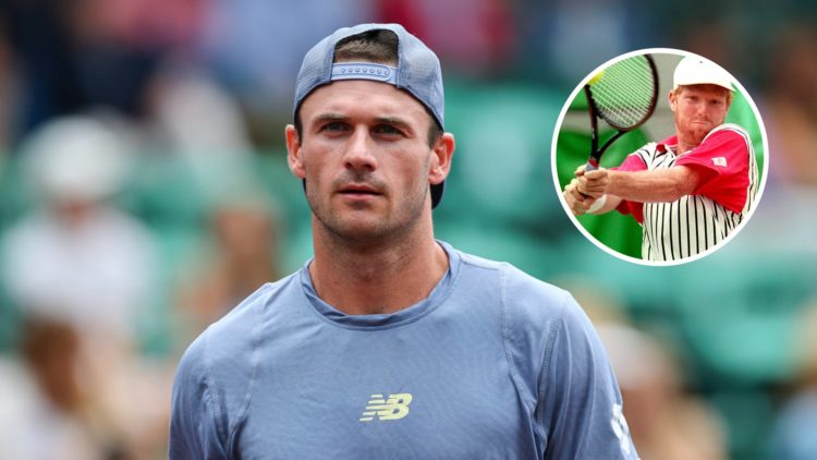 Image of Tommy Paul reacting during the match against Jenson Brooksby at the 2025 U.S Men's Clay Court Championships, inset of Jim Courier returnin...