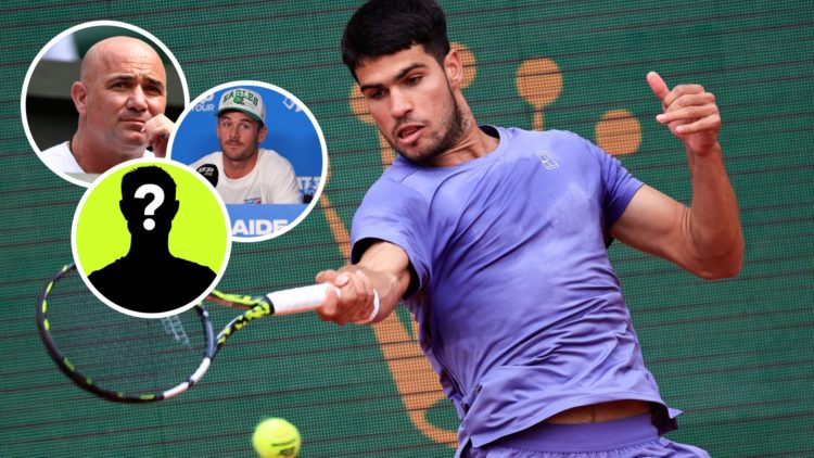 Image of Carlos Alcaraz playing a forehand against Lorenzo Musetti at the Monte-Carlo Masters, inset of Andre Agassi watching Novak Djokovic's firs...