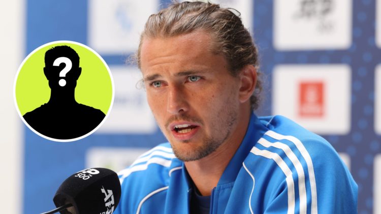 Alexander Zverev at the 2025 BMW Open press conference, inset of a mystery player