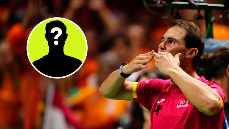 Image of Rafael Nadal blowing kisses to the crowd following his retirement at the 2024 Davis Cup Finals in Malaga, inset of a male mystery player