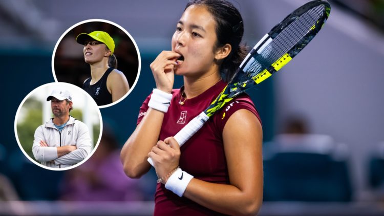 Image of Alexandra Eala reacting while playing against Jessica Pegula at the Miami Open, inset of Wim Fissette watching Iga Swiatek during practice...