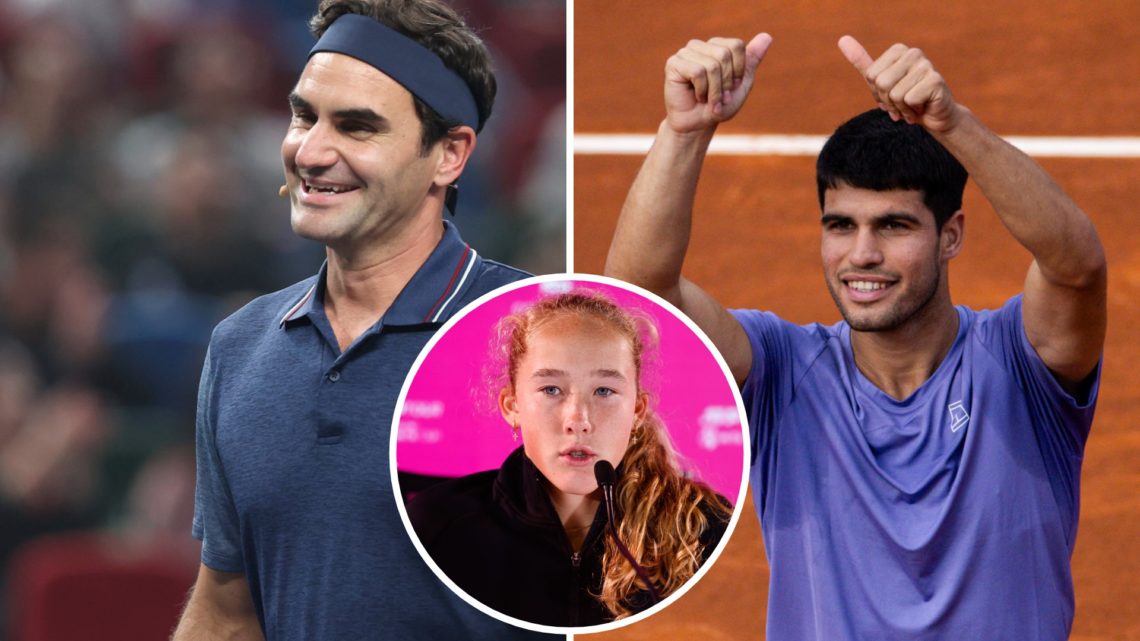 Split image of Former ATP player Roger Federer attends fans day on Day 12 of 2024 Shanghai Rolex Masters at Qi Zhong Tennis Centre and Carlos Alcar...