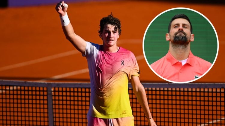 Joao Fonseca celebrates at the Argentina Open, inset Novak Djokovic looks on during the Monte Carlo Masters