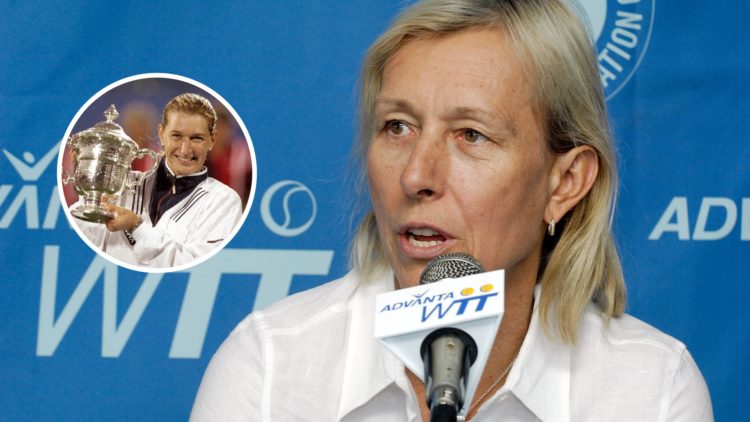 Image of Martina Navratilova at a World Team Tennis press conference in 2009, inset of Steffi Graf lifting the 1999 US Open trophy