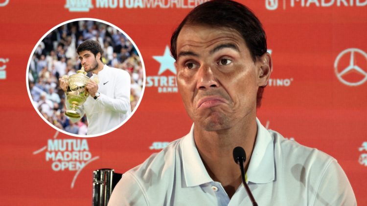 Image of Rafael Nadal answering questions to journalists during a press conference ahead of the 2024 Madrid Open, inset of Carlos Alcaraz kissing t...