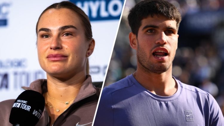 Split image of Aryna Sabalenka talks to the media on Day 2 of the Porsche Tennis Grand Prix at Porsche Arena and Carlos Alcaraz of Spain looks on d...