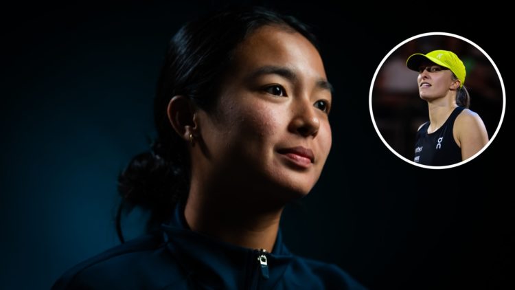 Image of Alexandra Eala talking to the media after beating Iga Swiatek at the 2025 Miami Open, inset of Iga Swiatek celebrating her victory over Ja...