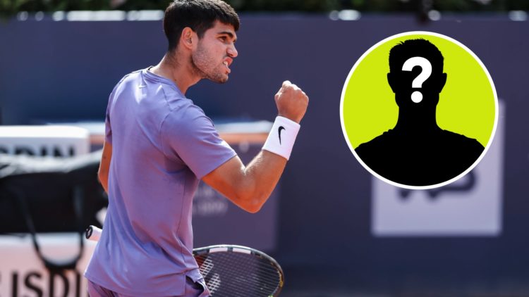 Image of Carlos Alcaraz celebrating after winning a point against Holger Rune in the 2025 Barcelona Open final, inset of a mystery male player
