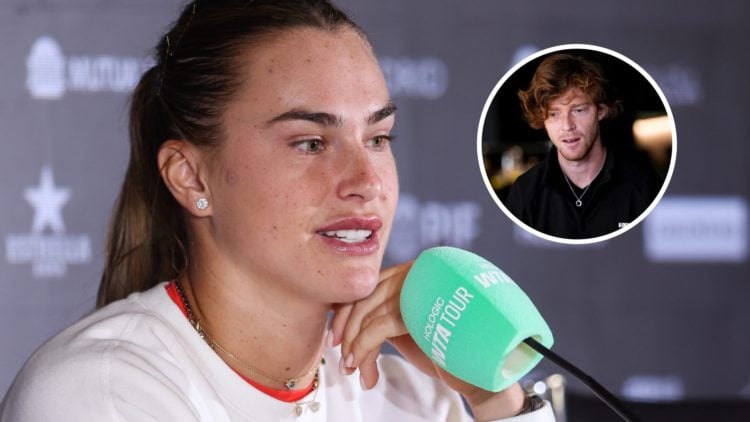 Image of Aryna Sabalenka answering questions at a press conference ahead of the 2025 Madrid Open, inset of Andrey Rublev in Madrid ahead of the 202...