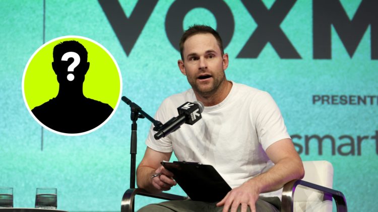 Image of Andy Roddick speaking at the Served live podcast at the Vox Media Podcast stage, inset of a male mystery player
