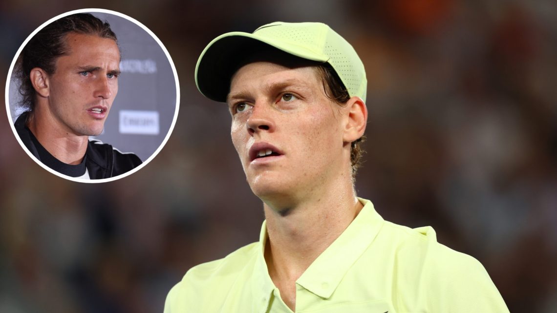Jannik Sinner of Italy reacts in the Men's Singles Final against Alexander Zverev of Germany during day 15 of the 2025 Australian Open at Melbourne...