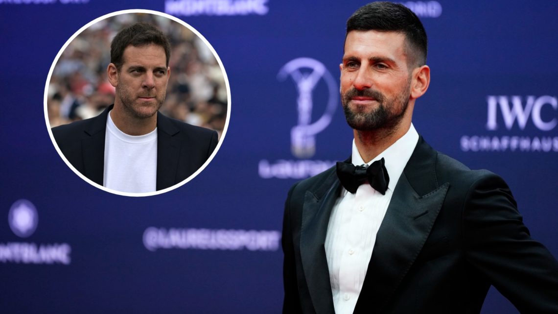 Novak Djokovic serbian tennis player attends the 2025 Laureus World Sport Awards red carpet at Palacio De Cibeles, with an inset of Juan Martin del...