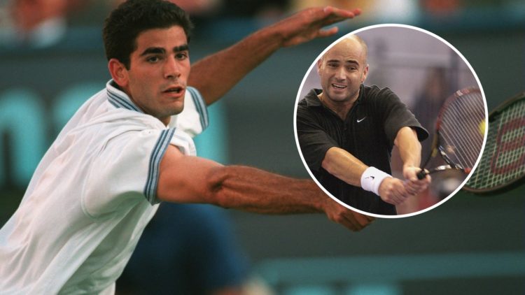 Pete Sampras plays at Indian Wells in 1995, inset Andre Agassi plays at the 2002 Tennis Masters Madrid
