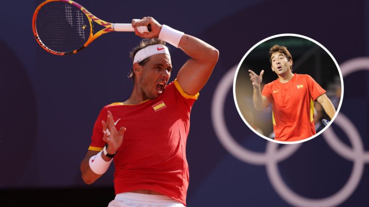 Image of Rafael Nadal playing a forehand against Marton Fucsovics at the 2024 Paris Olympics, inset of Marc Lopez reacting after winning a game aga...