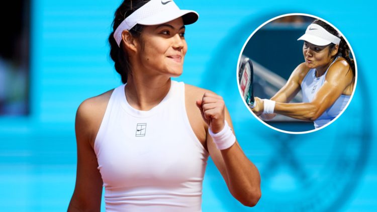 Emma Raducanu celebrates at the 2025 Madrid Open, inset of Emma Raducanu playing at the 2025 Miami Open