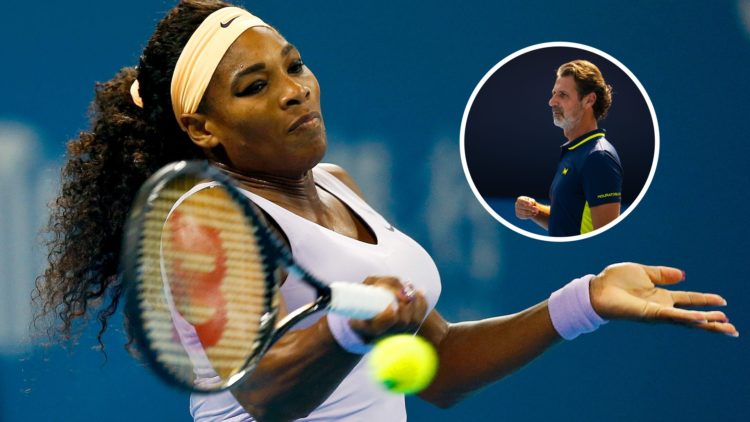 Image of Serena Williams returning a shot against Caroline Wozniacki at the 2013 China Open, inset of Patrick Mouratoglou watching Naomi Osaka duri...